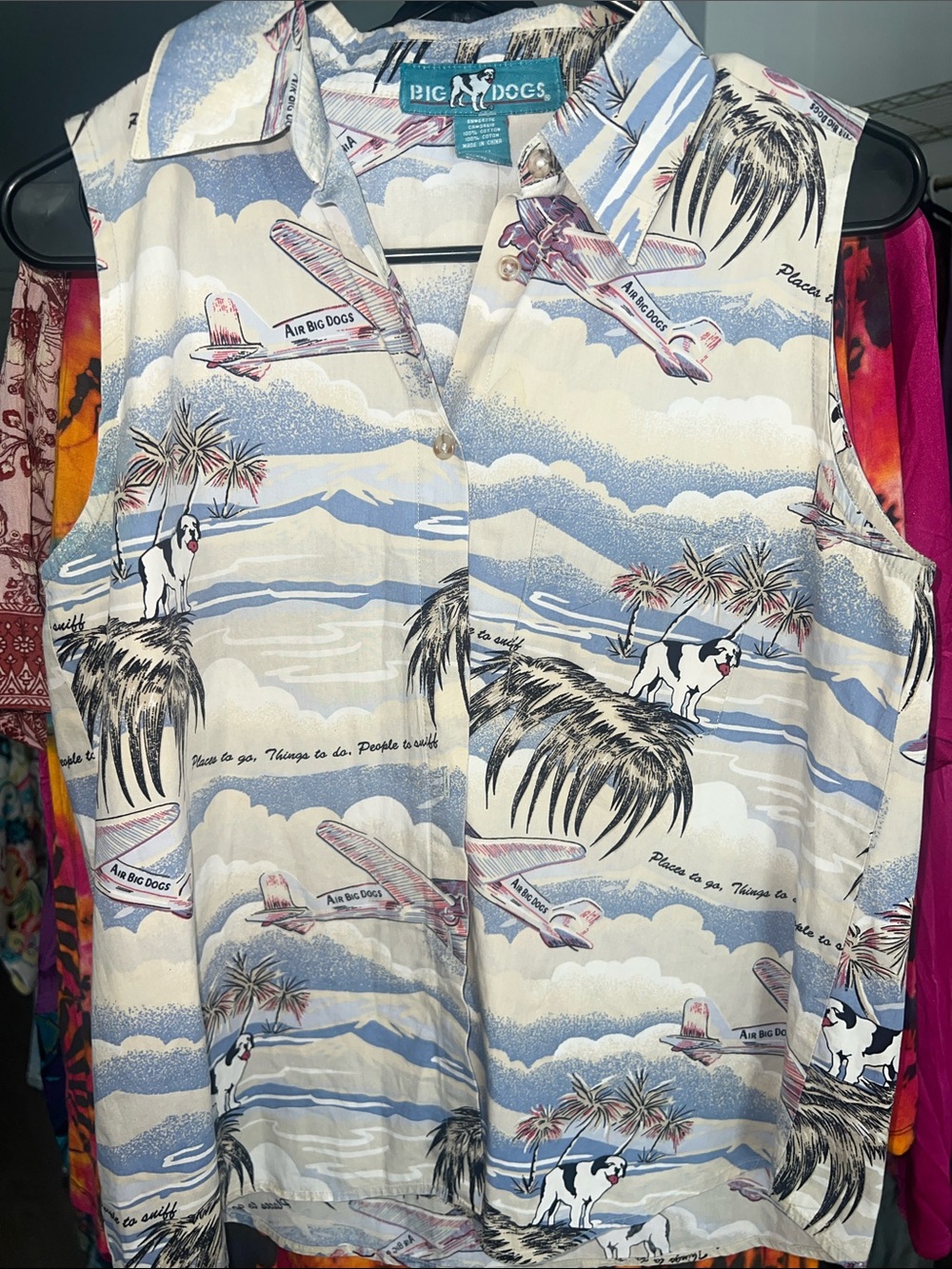 90s Big Dogs Cream & Blue Tropical Airplane Button-Up Hawaiian Tank
